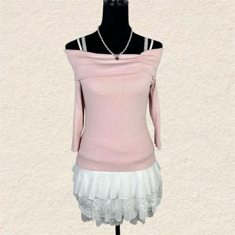 DKNY Jeans Baby Pink Coquette Off-Shoulder Sweater